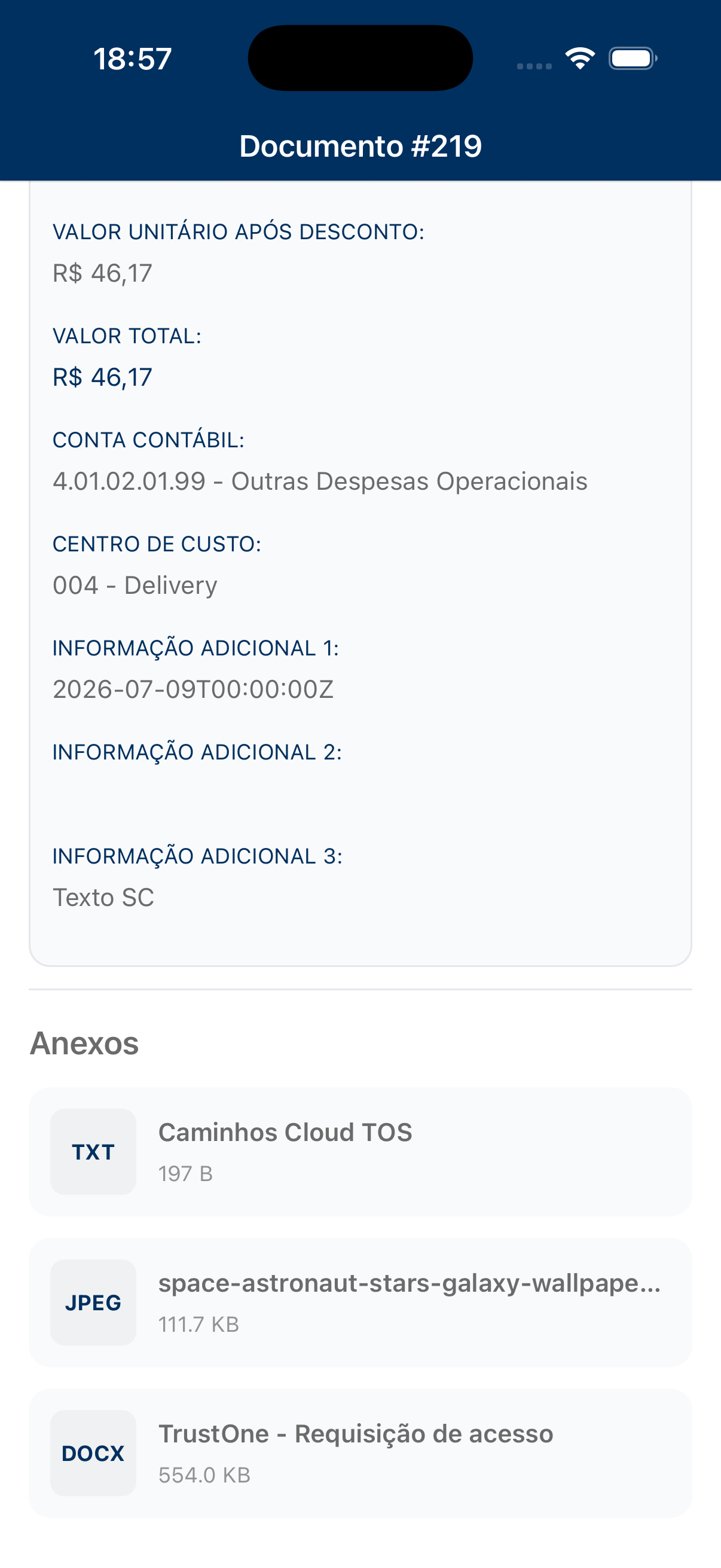 Lista de anexos de um documento no TrustHub
