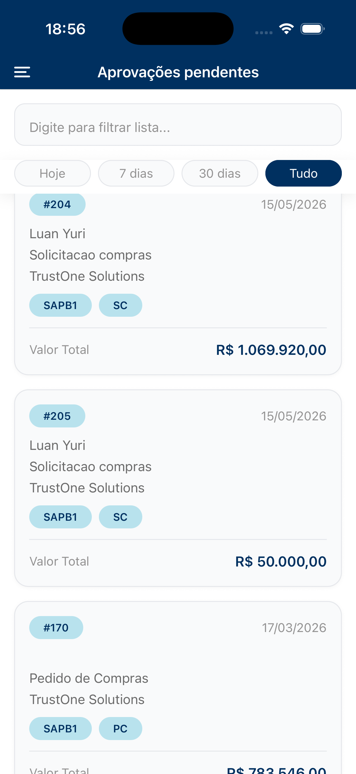 Lista de aprovações pendentes no TrustHub