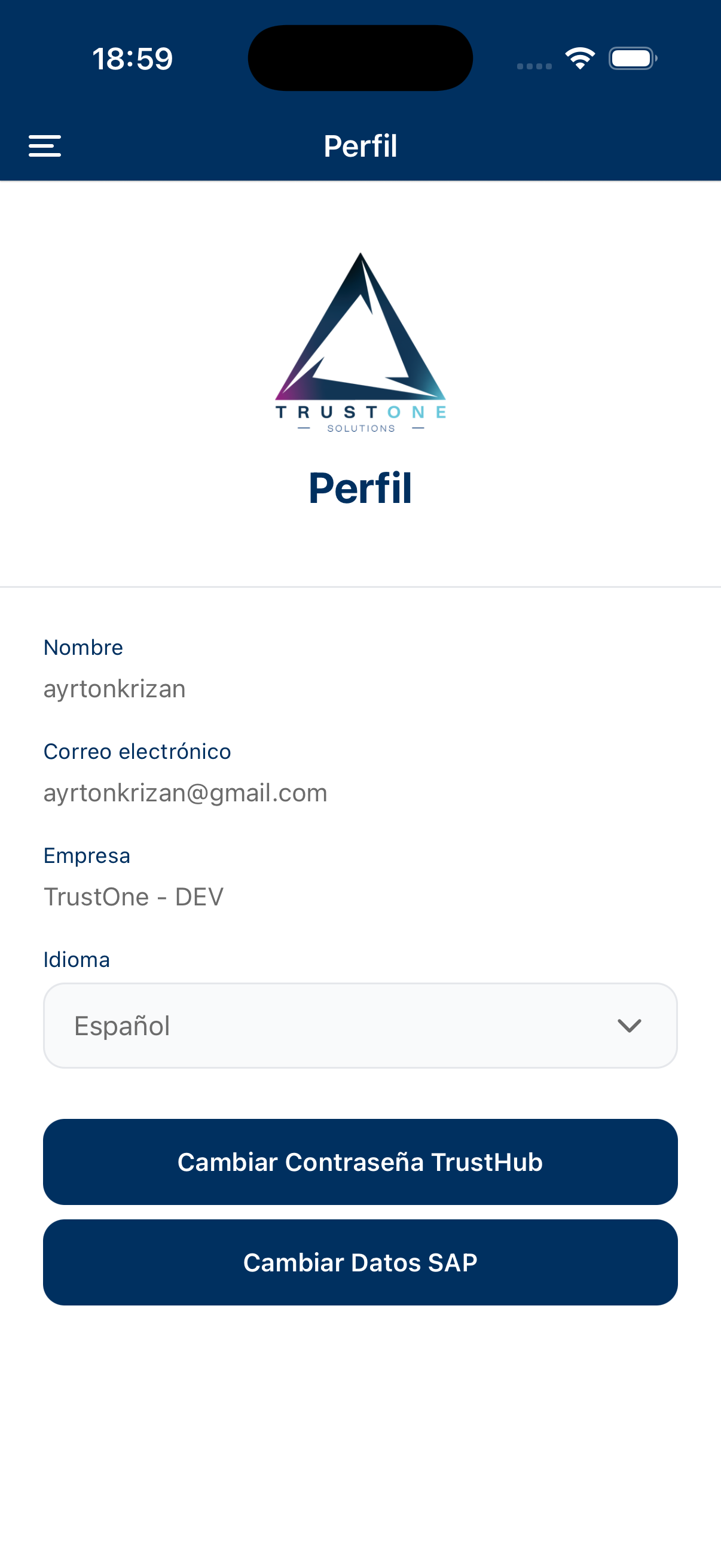 Perfil do TrustHub configurado em espanhol